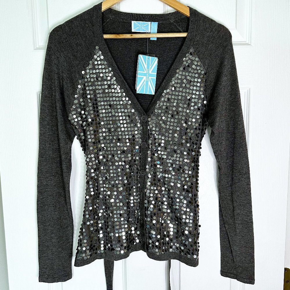 NWT Gray Sequin Button Up Cardigan with Belt Tie